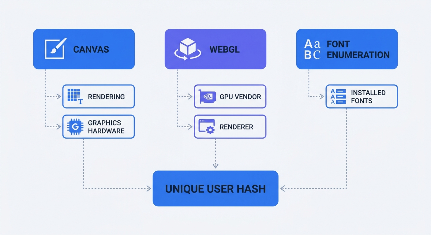 Matrix chart categorizing different browser fingerprinting techniques (Canvas, WebGL, Font Enumeration) and the specific hardware or software attributes they extract to create a unique user hash.