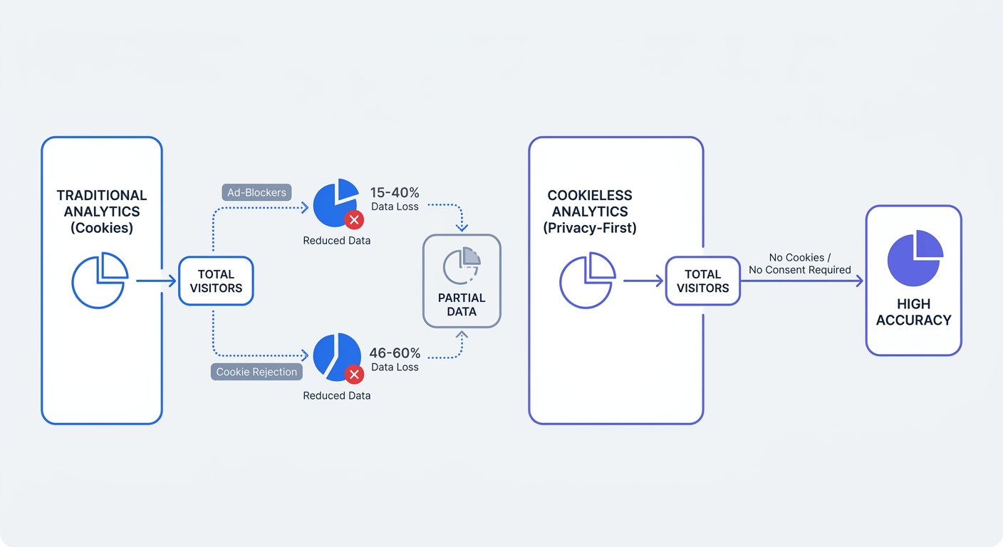 Comparison matrix visualizing the data captured by traditional cookie-based analytics versus cookieless analytics, clearly highlighting the 15-40% data loss from ad-blockers and the 46-60% data loss from cookie banner rejections.