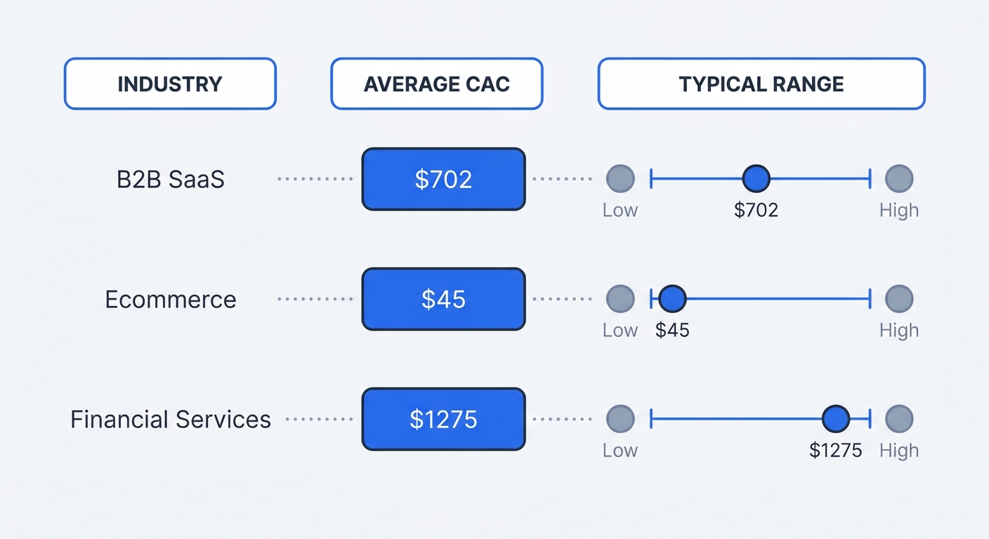 A comparison matrix chart displaying average CAC across three industries (B2B SaaS at $702, Ecommerce at $45, Financial Services at $1275) alongside visual indicators for their typical high and low ranges.