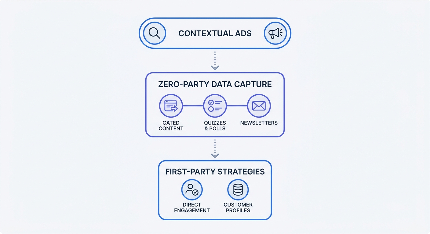 A structured funnel diagram illustrating the shift from multi-touch attribution to first-party data strategies, showing top-of-funnel contextual ads leading to mid-funnel zero-party data capture mechanisms like gated content.