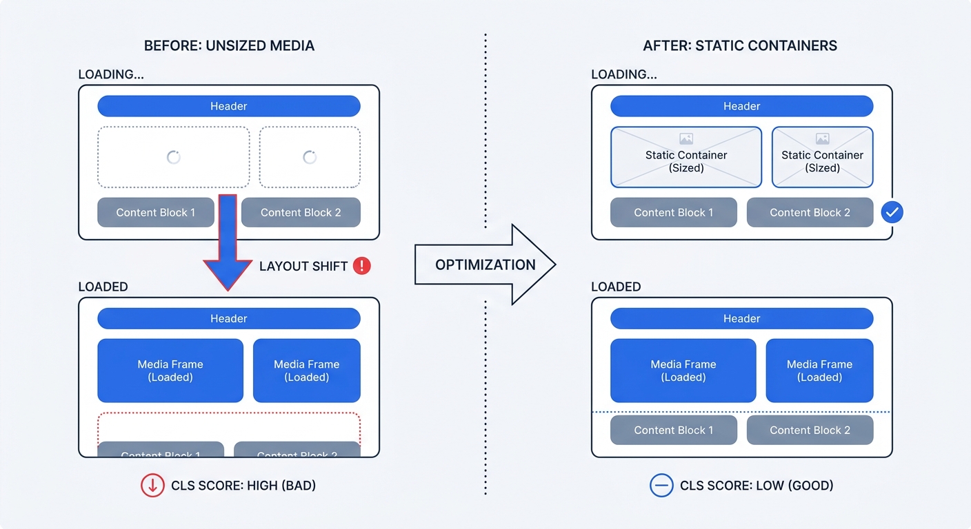 A before-and-after wireframe diagram showing a page layout with unsized media causing content to collapse and push downward (Before) versus statically sized containers holding blank space securely during the load sequence (After).