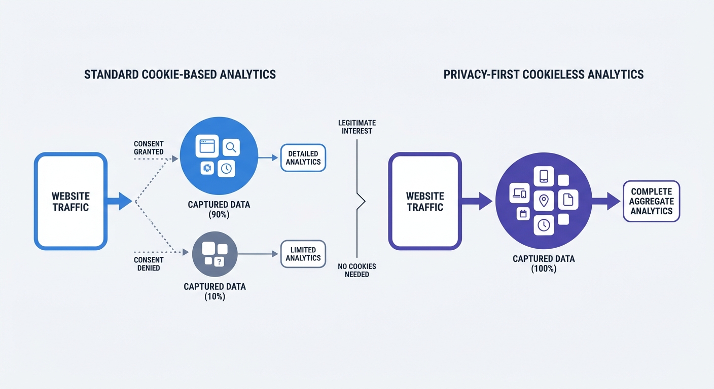 A comparison matrix showing the difference in data captured between a standard cookie-based analytics setup (showing a massive data drop-off when consent is denied) versus a privacy-first cookieless analytics setup (capturing 100% of aggregate traffic via legitimate interest).