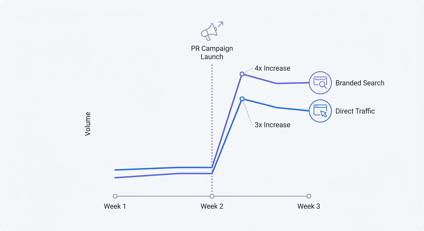A line graph visualization demonstrating the correlation between a specific offline PR campaign launch timeline and the subsequent, simultaneous spikes in both direct traffic and branded search volume.