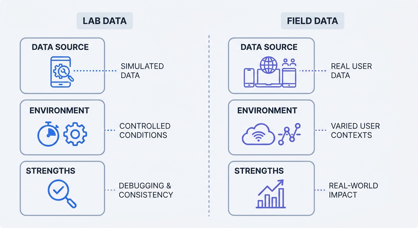 A comparison matrix contrasting Lab Data versus Field Data for CLS measurement, highlighting the differences in data sources, calculation environments, and the strengths of each approach.