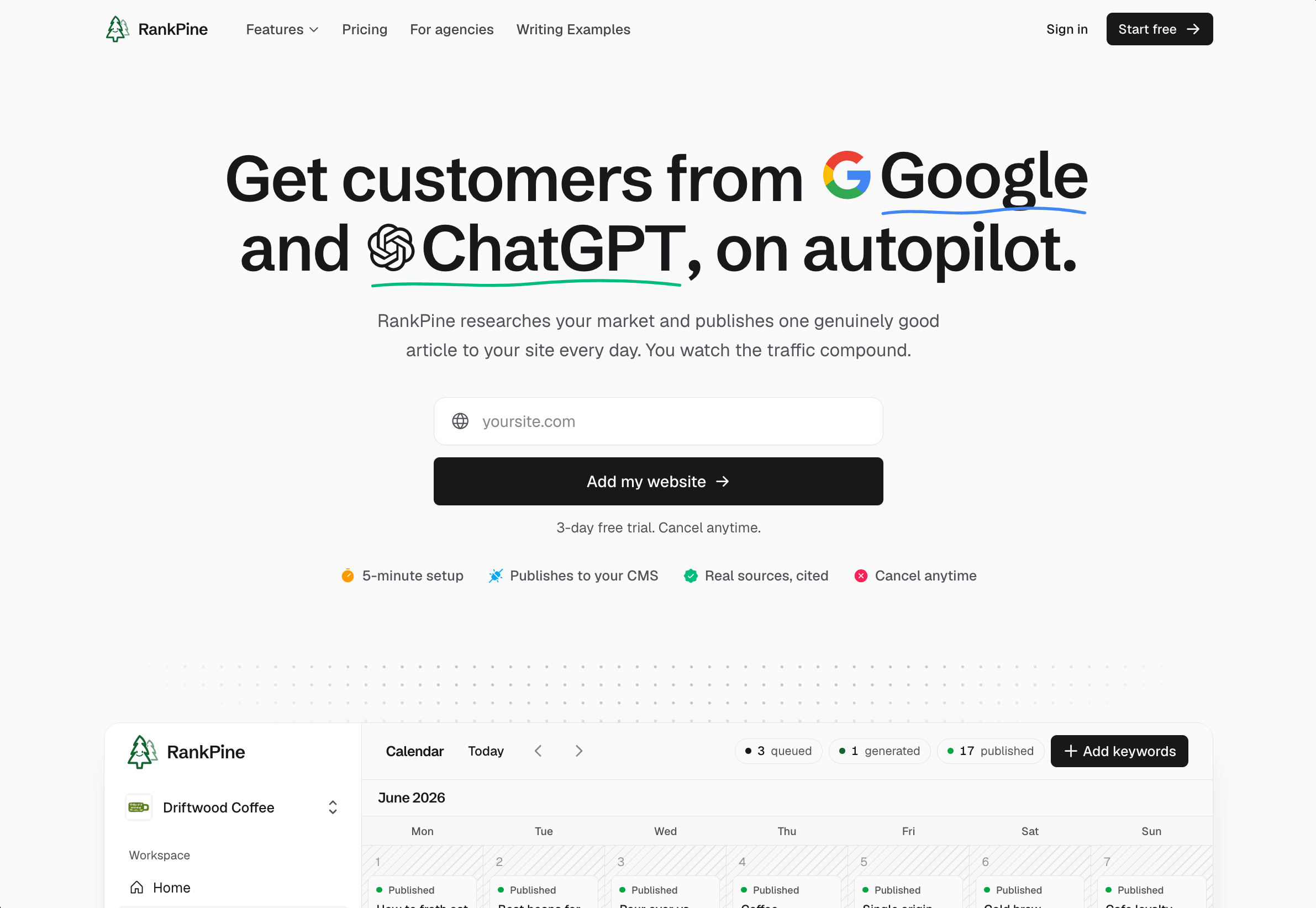RankPine landing page showing its automated SEO content service and website signup form