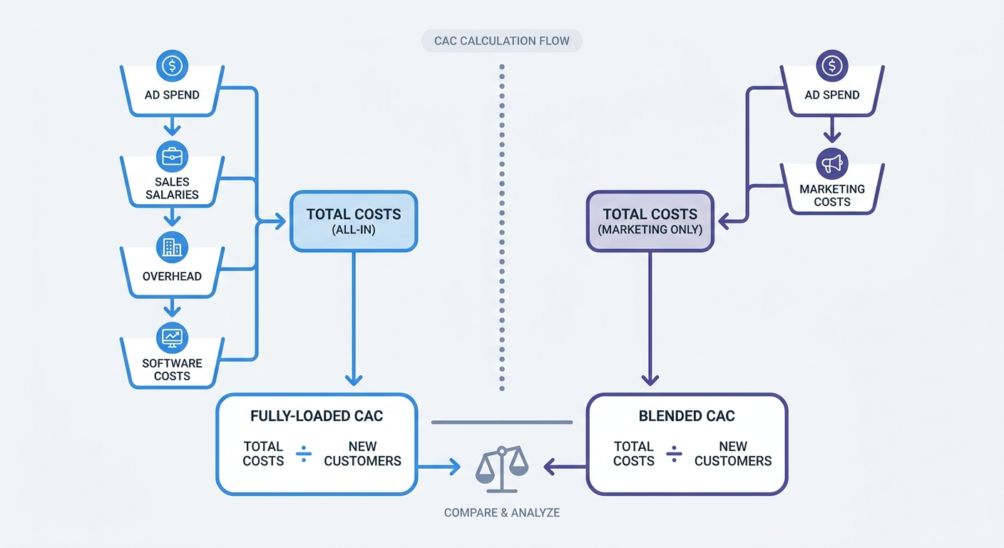 A flowchart showing the components of Fully-Loaded CAC versus Blended CAC, breaking down inputs like ad spend, sales salaries, overhead, and software costs into distinct visual buckets feeding into the final calculation.