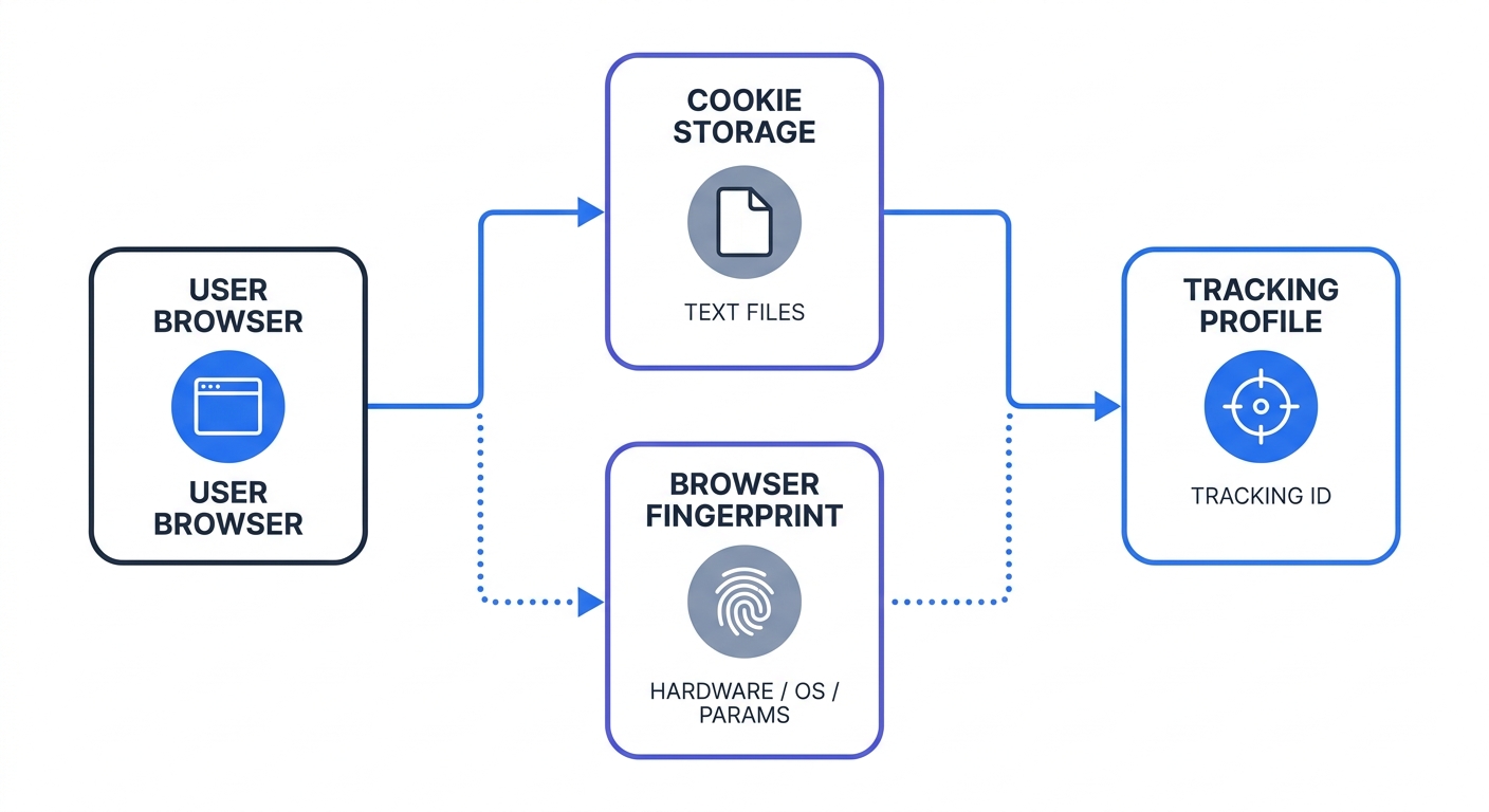 Flowchart showing the data collection process: comparing traditional cookie storage (client-side text files) versus browser fingerprinting (passive collection of hardware, OS, and browser parameters).