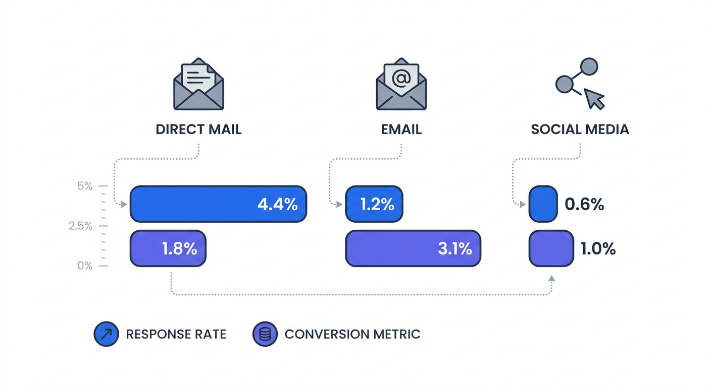 Bar chart comparing average response rates and conversion metrics between direct mail, email, and social media marketing.