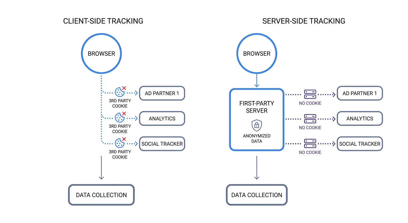 A before-and-after architecture diagram comparing traditional client-side tracking (browser sending data directly to multiple third-party vendors) versus modern cookieless and server-side tracking (browser sending anonymized data to a first-party server or privacy-focused analytics platform without persistent identifiers).