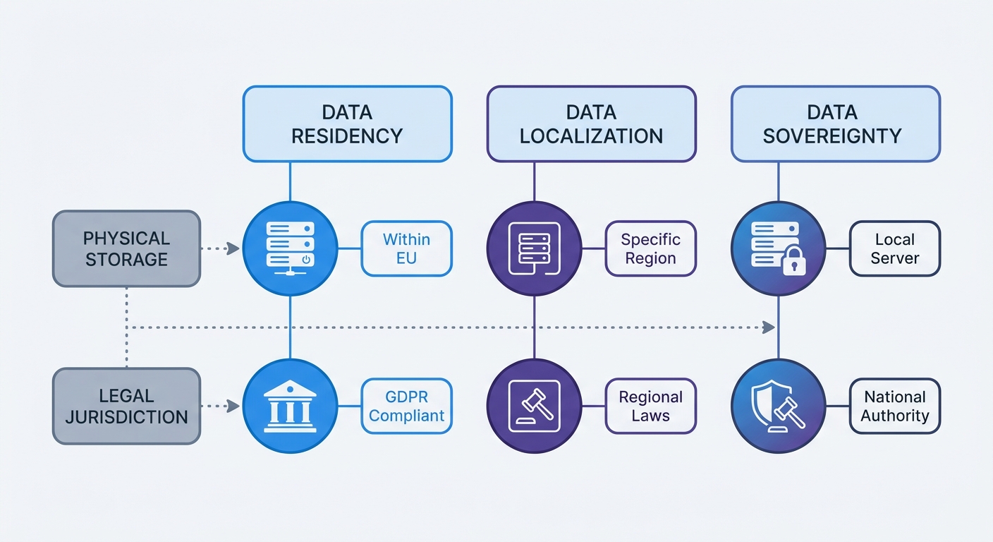 A comparison matrix detailing the differences between Data Residency, Data Localization, and Data Sovereignty, highlighting legal jurisdiction versus physical storage.