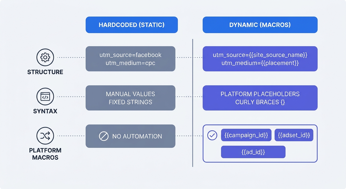 Table matrix comparing hardcoded UTM parameter structures versus dynamic UTM parameter syntax requirements and macros across major ad platforms.