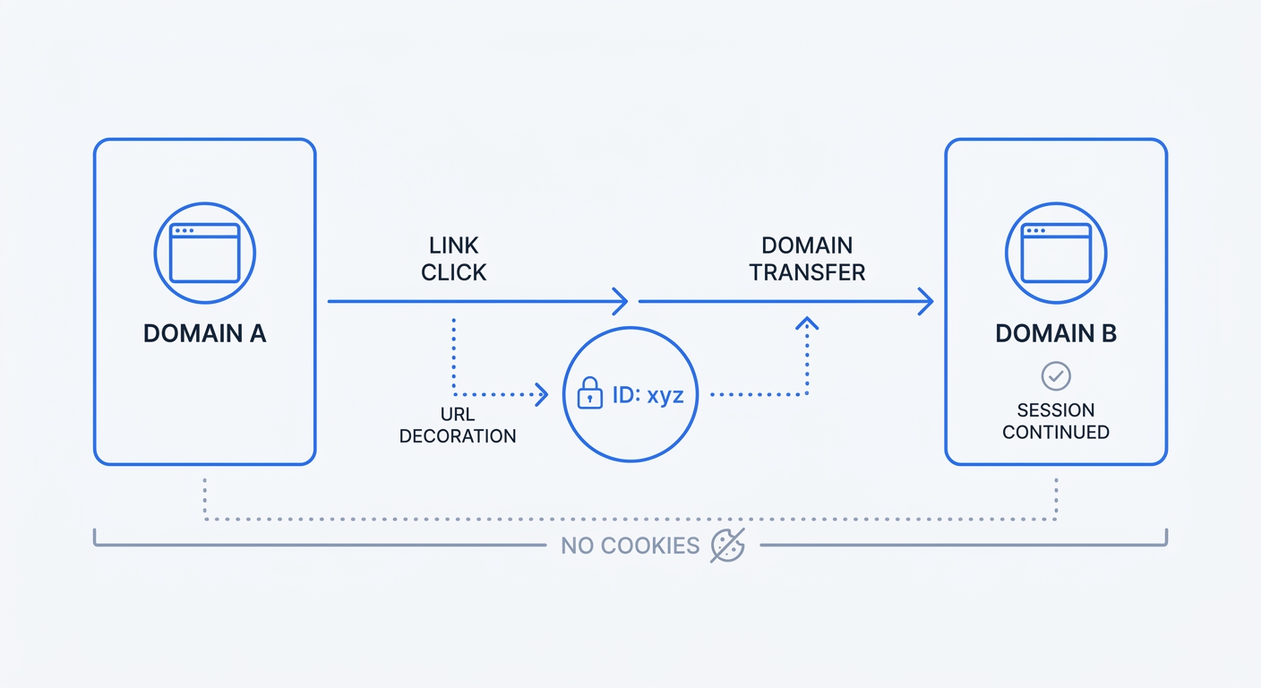 A step-by-step flowchart diagram illustrating the URL parameter link decoration process, showing how an anonymized session ID moves a user from Domain A to Domain B without dropping a persistent tracker.