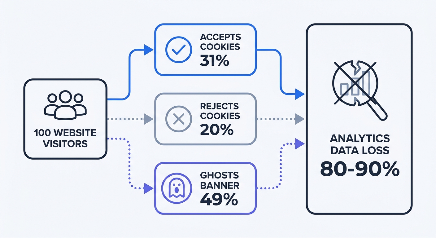 A flowchart illustrating the web analytics data blackhole, showing 100 website visitors splitting into three paths: Accepts Cookies (31%), Rejects Cookies (20%), and Ghosts Banner (49%), all culminating in a final box displaying 80-90% analytics data loss for cookie-dependent platforms.