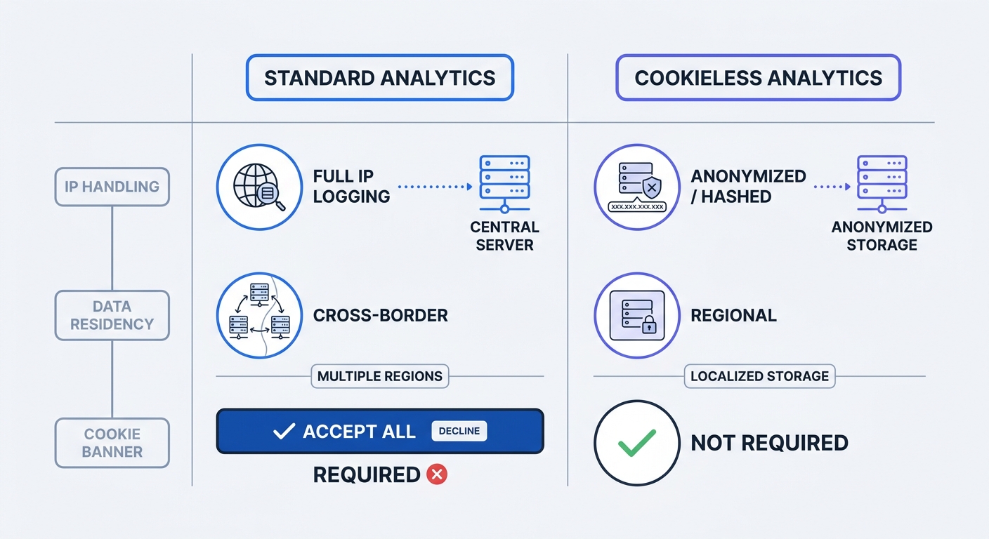 A comparison matrix contrasting standard analytics with cookieless analytics across three dimensions: IP handling methodology, data residency, and cookie banner requirements.