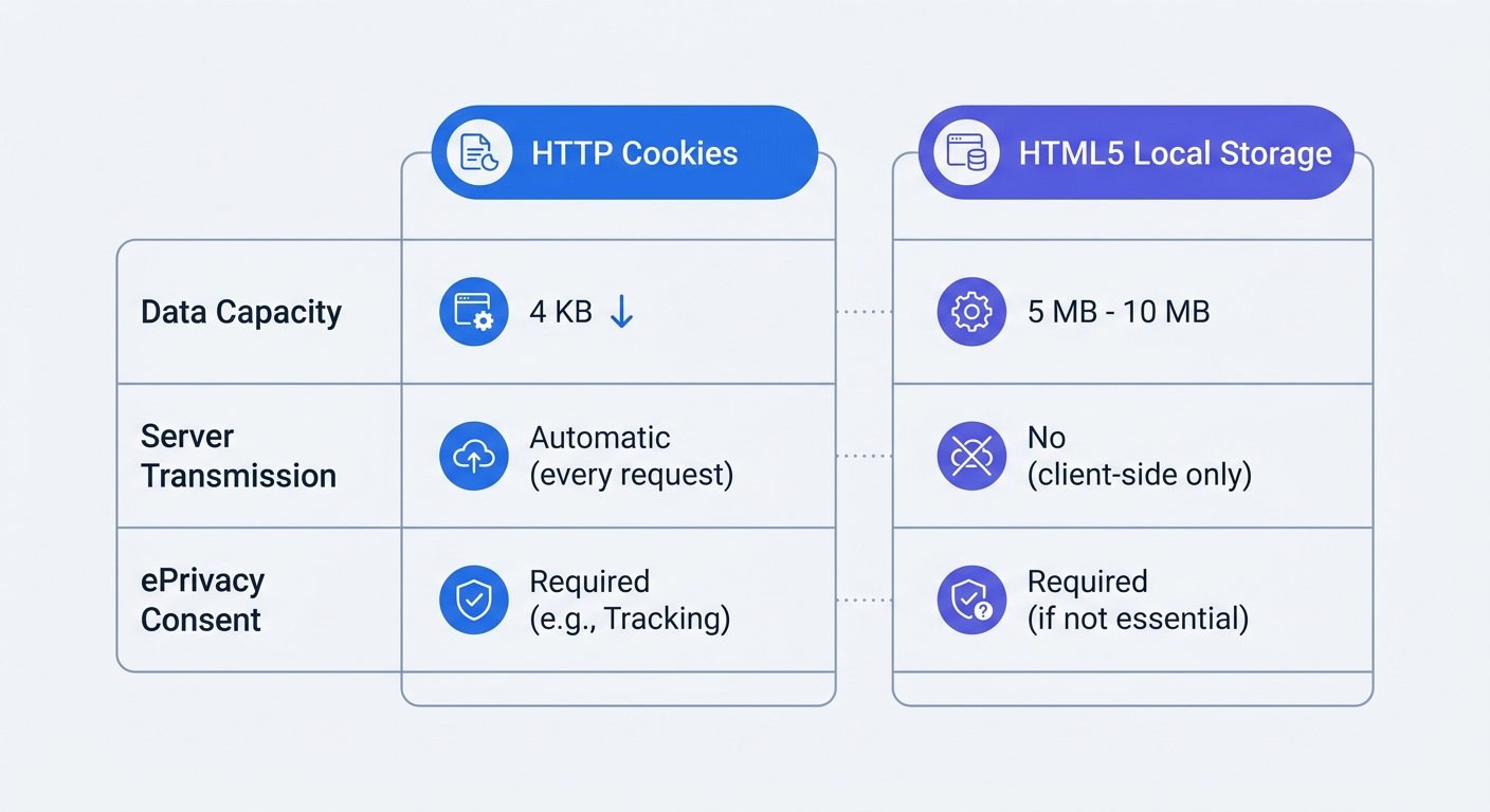A comparison matrix showing the technical and legal differences between HTTP Cookies and HTML5 Local Storage, specifically focusing on data capacity, automatic server transmission, and ePrivacy consent requirements.