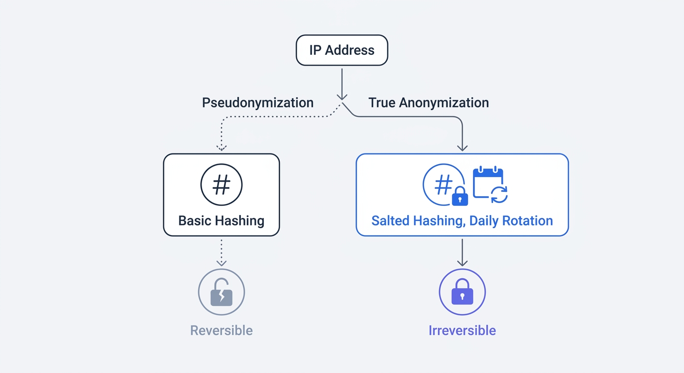 A flowchart illustrating the data journey of an IP address through two different paths: 'Pseudonymization' (basic hashing, easily reversed) versus 'True Anonymization' (salted hashing with daily rotation, irreversible).