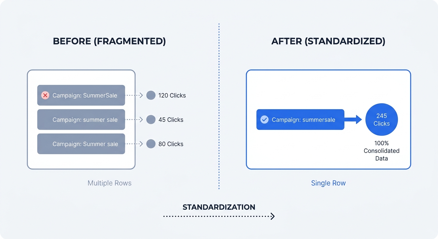 Before-and-after split view visualization of an analytics dashboard demonstrating clean data with lowercase standardized UTMs versus fragmented rows caused by spacing errors and case-sensitivity.