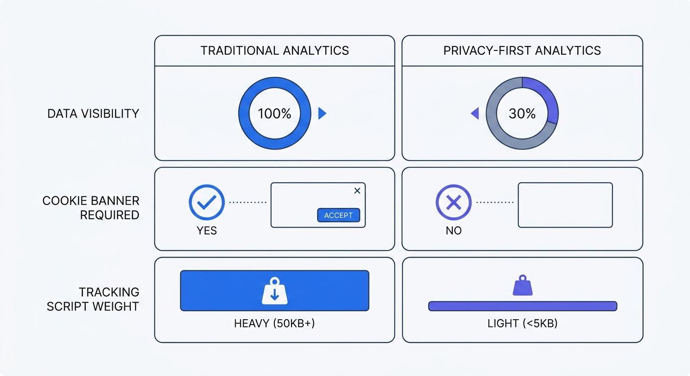 A comparison matrix showing traditional analytics versus privacy-first analytics, focusing on data visibility percentage, the legal requirement for cookie banners, and tracking script weight.