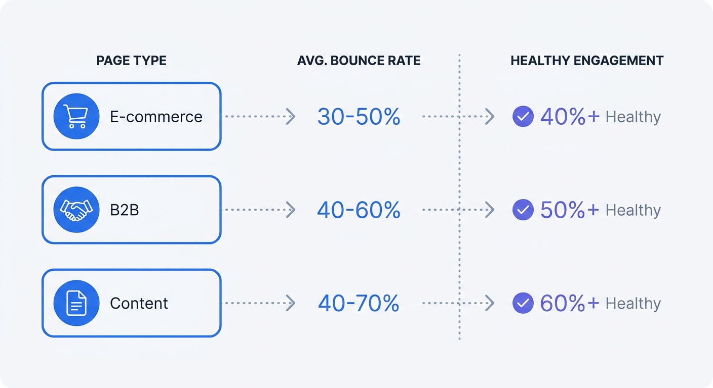Comparison matrix of average bounce rates across different page types, such as E-commerce, B2B, and Content, mapped against healthy engagement rates.