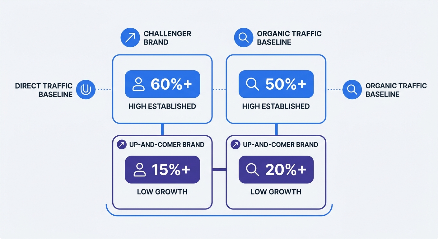 A data matrix comparing standard direct and organic traffic baselines, contrasting established 'Challenger' brands against new 'Up-and-Comer' brands to illustrate expected awareness metrics.