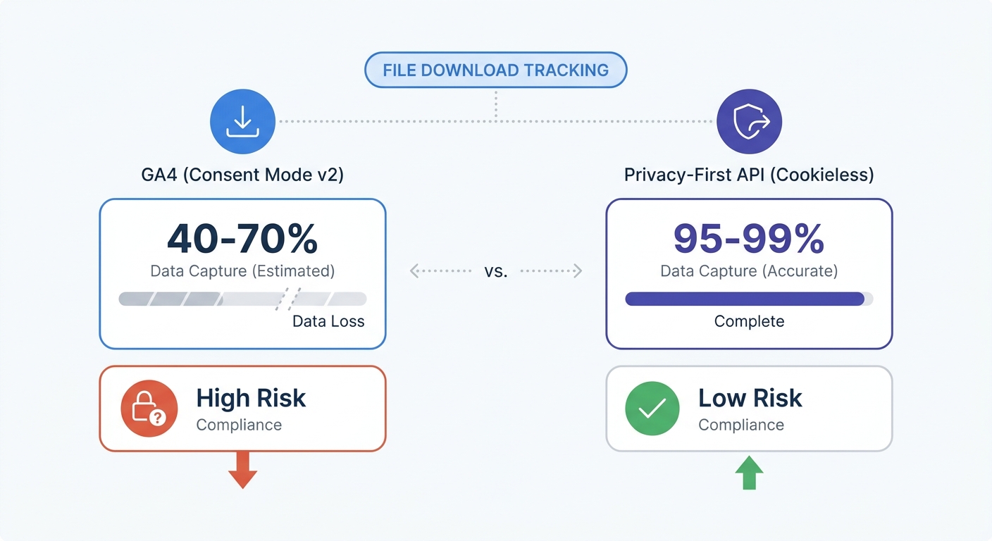 Comparison matrix showing data capture rates and compliance risks between GA4 with Consent Mode v2 data loss versus a privacy-first cookieless event API.