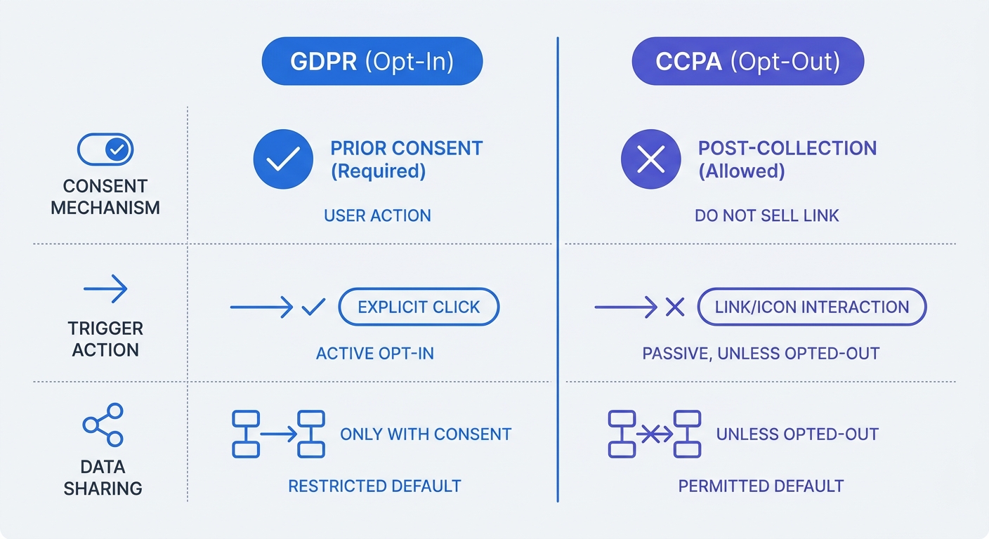 A side-by-side comparison matrix showing GDPR opt-in framework versus CCPA opt-out framework, detailing the differences in consent mechanisms, trigger actions, and data sharing definitions.