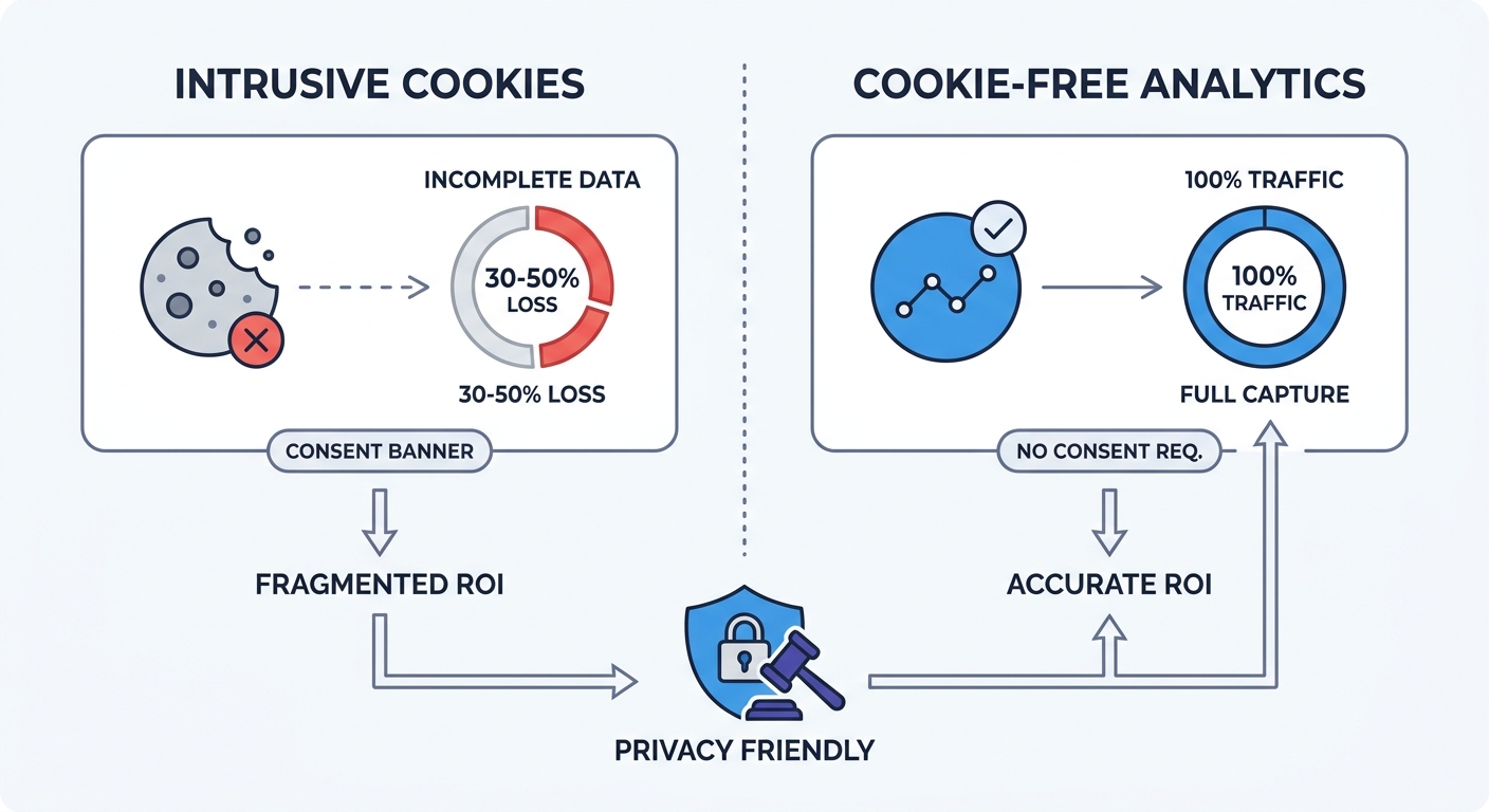 A comparison matrix showing data captured with intrusive cookie banners resulting in incomplete ROI data versus cookie-free analytics capturing 100 percent of traffic without requiring a consent banner.