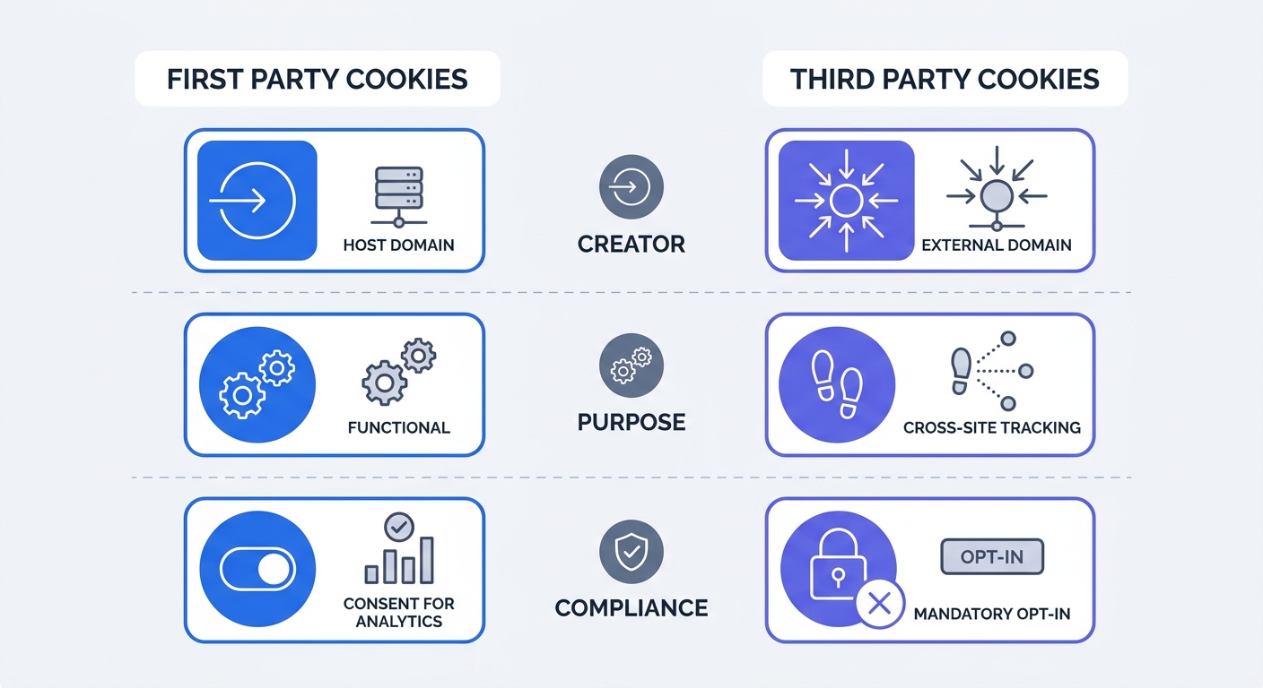 A side-by-side comparison matrix showing the difference between first and third party cookies, comparing creator (host vs external domain), primary purpose (functional vs cross-site tracking), and compliance requirements (consent for analytics vs mandatory opt-in).