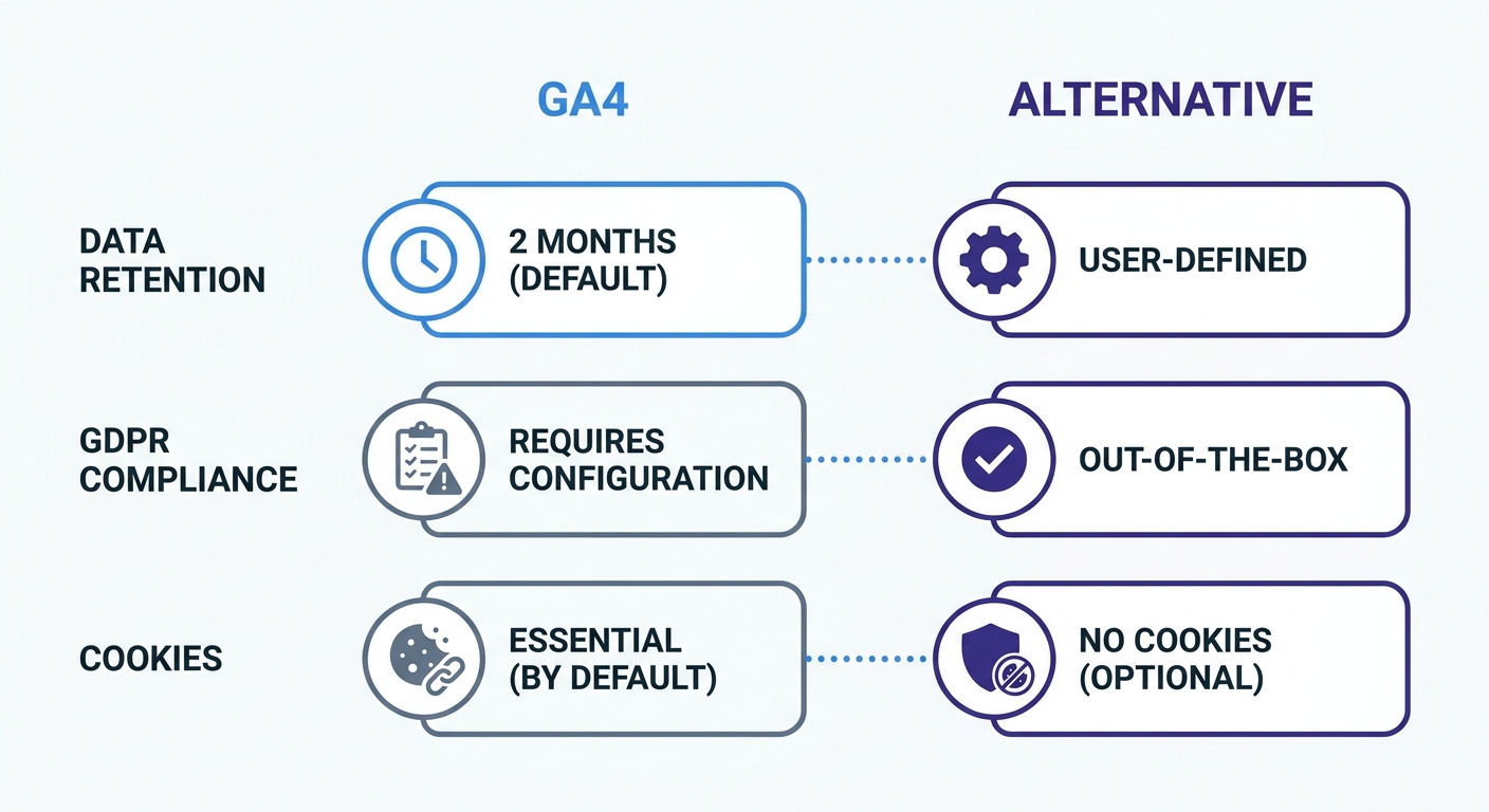 Comparison matrix showing GA4 vs. a privacy-first alternative across data retention limits, GDPR compliance out-of-the-box, and cookie requirements.