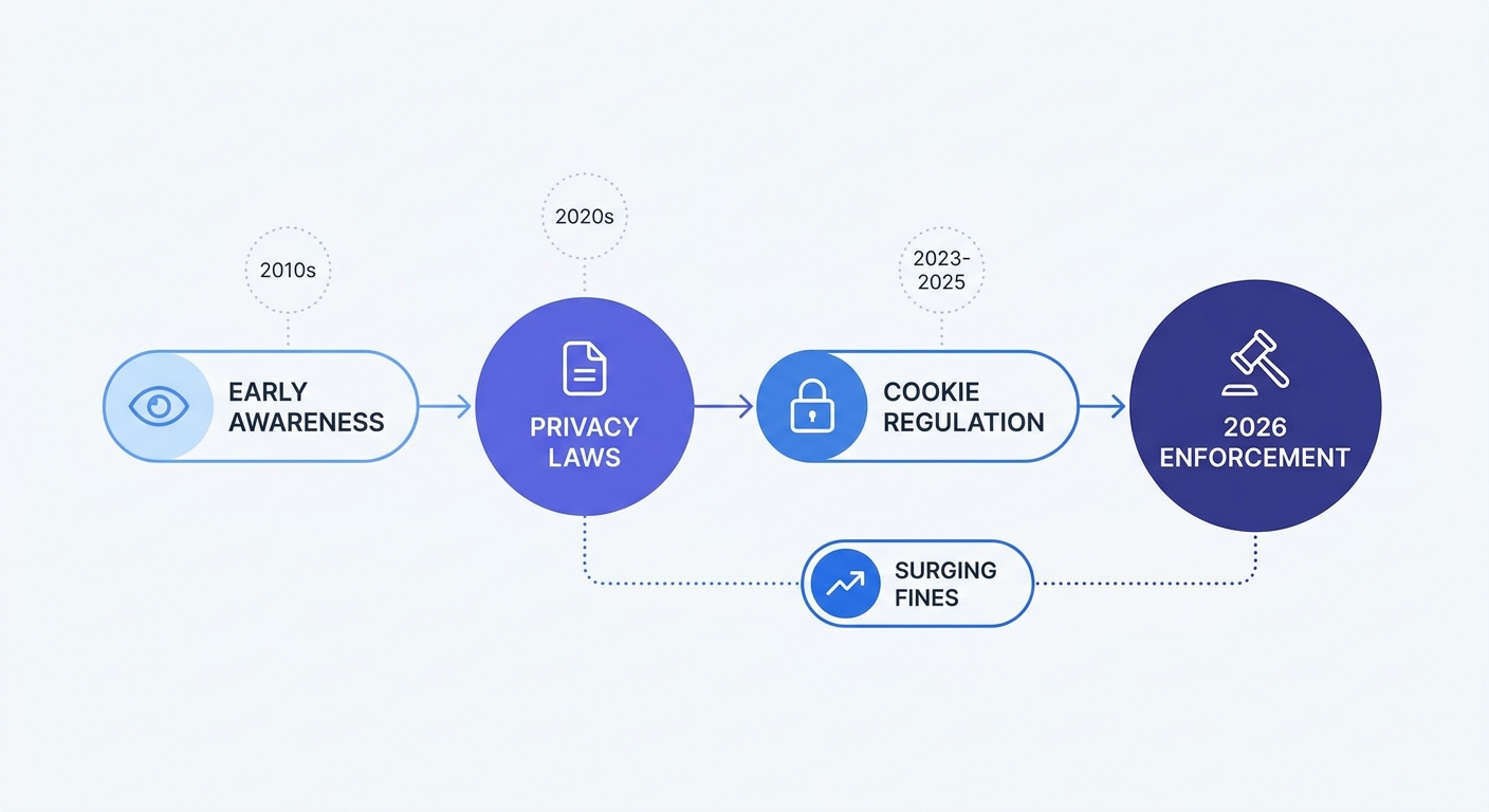 A timeline of cookie regulation milestones and privacy law adoption, progressing from early awareness phases to the 2026 full-scale enforcement phase with surging privacy fines.