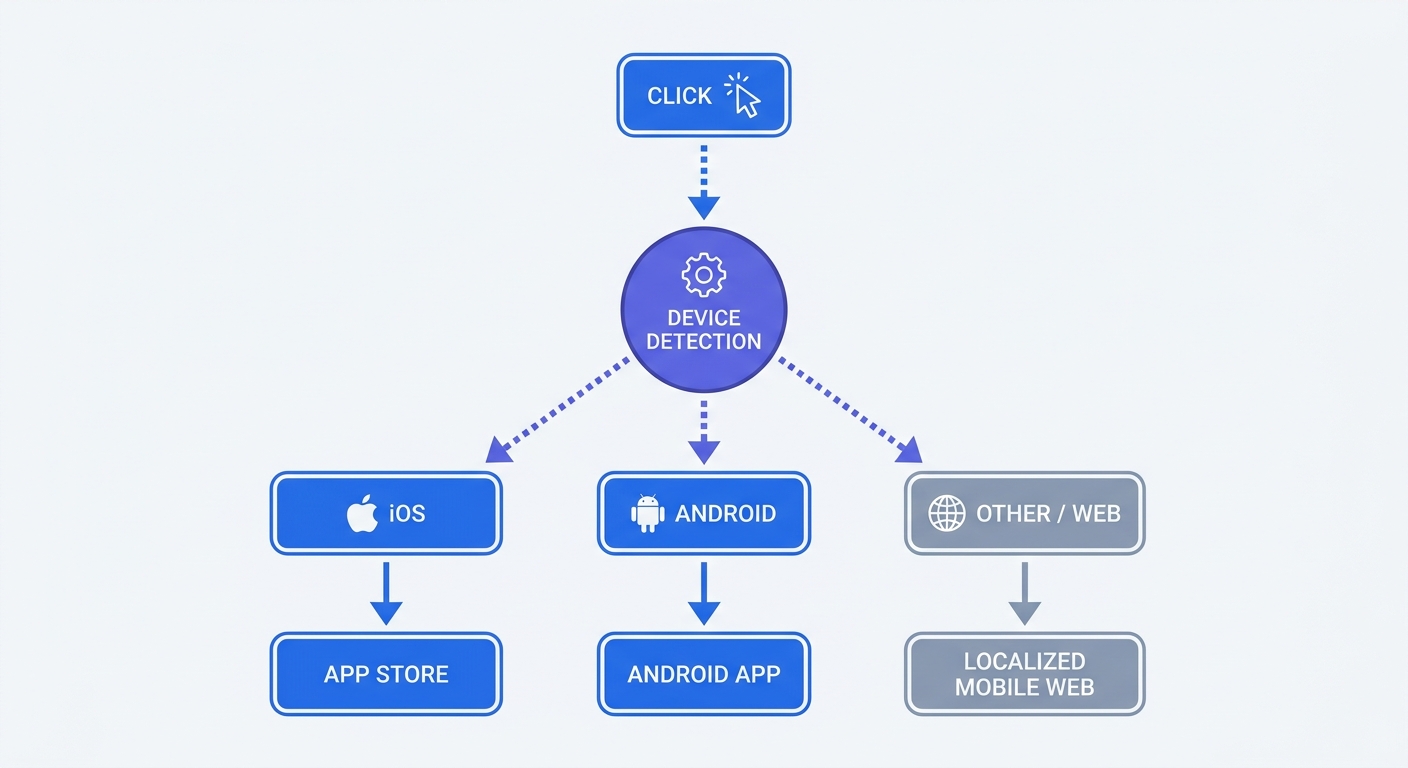 Flowchart illustrating the conditional routing of a dynamic link click, branching out based on device detection to an iOS app store, an Android app, or a localized mobile-friendly web fallback.