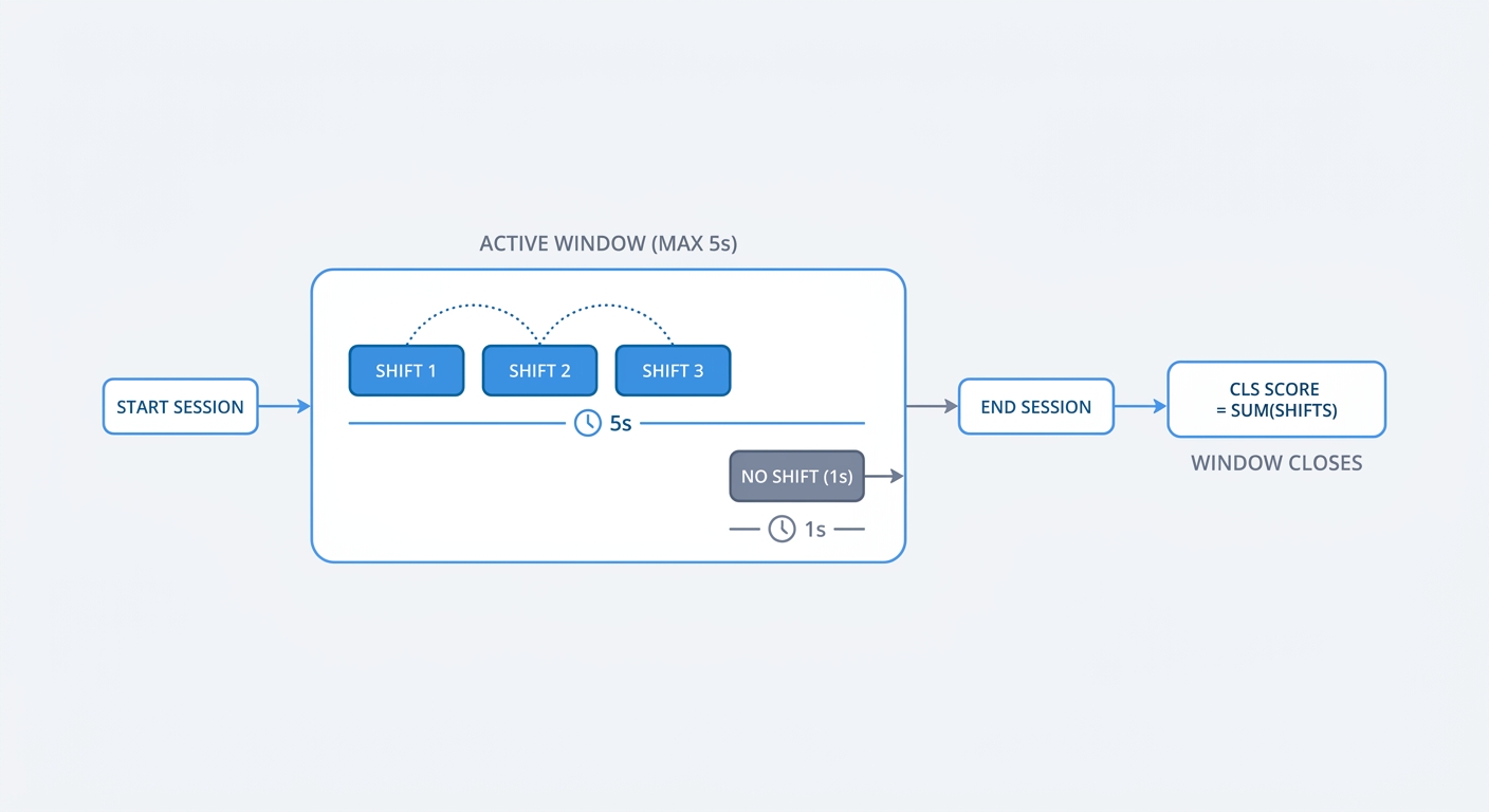 A flowchart visualizing the 5-second session window calculation for CLS, showing how rapid successive visual shifts are grouped together and how the window closes after 1 second of zero shifting.
