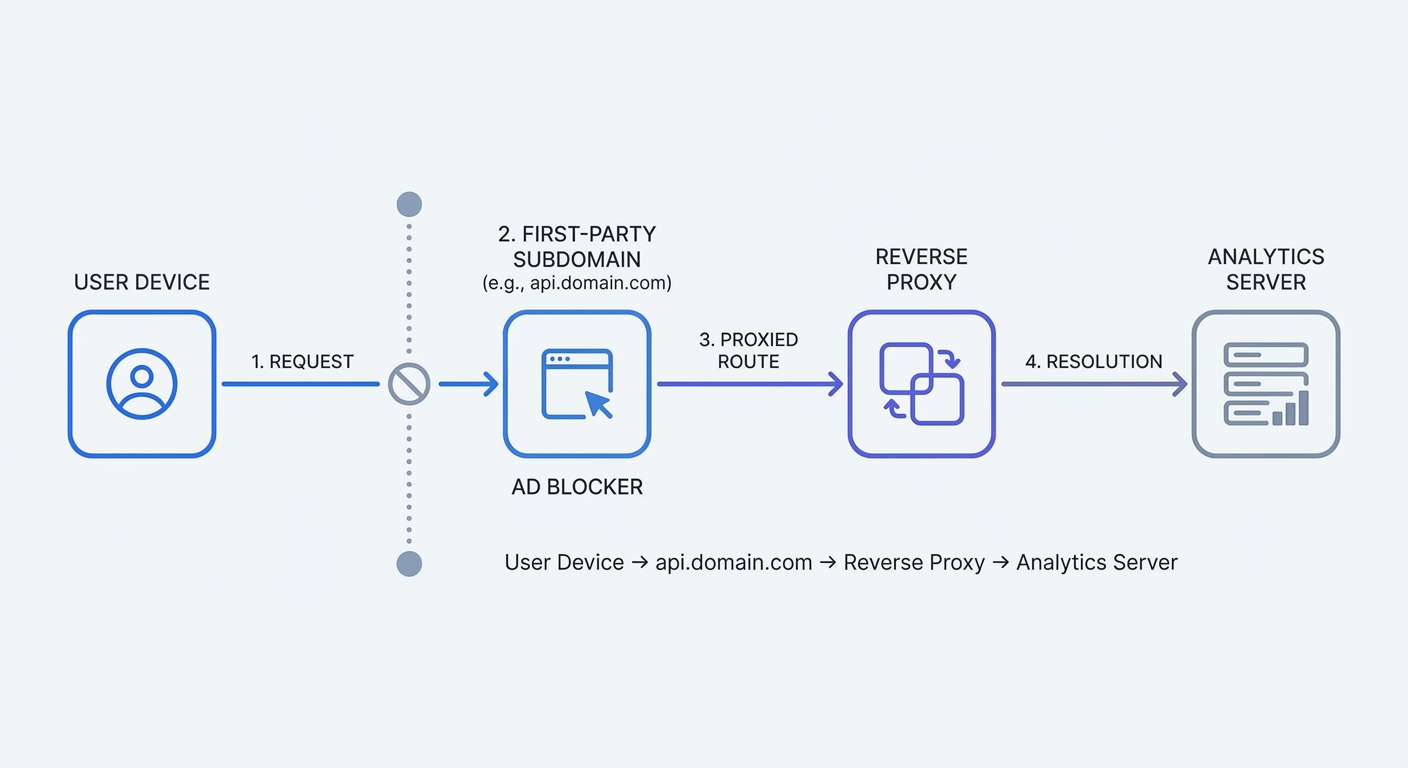 A step-by-step process diagram illustrating how a first-party reverse proxy functions. It should show the path from User Device to First-Party Subdomain (e.g., api.domain.com), routing through a Reverse Proxy layer, and finally resolving at the core Analytics Server.