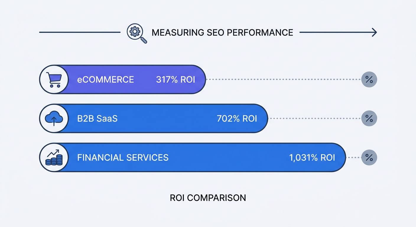 A bar chart comparison visualizing SEO return on investment (ROI) percentages across different industries, specifically contrasting B2B SaaS (702%), eCommerce (317%), and Financial Services (1,031%).