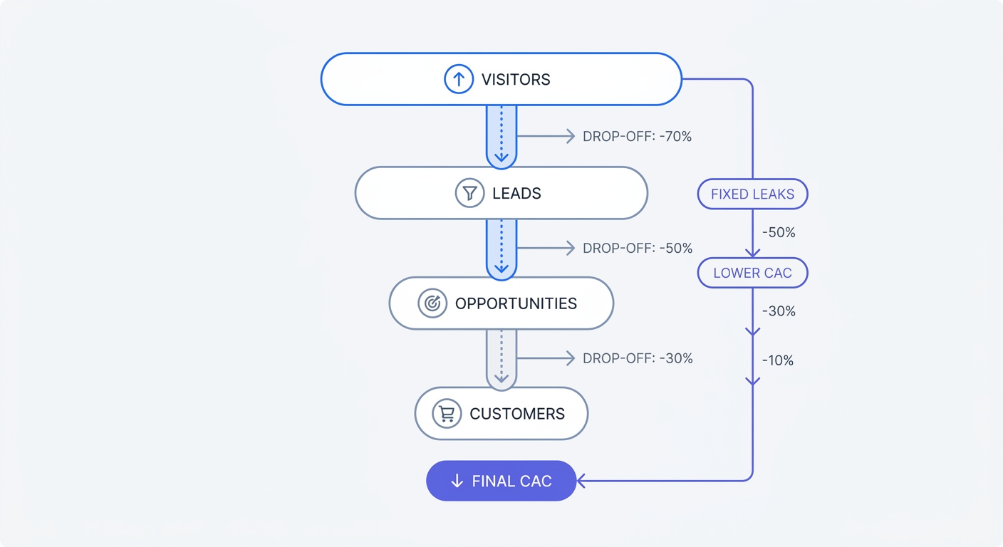 A conversion funnel diagram illustrating the user journey from website visitor to paid customer, highlighting drop-off percentages at each stage to demonstrate how plugging leaks mathematically lowers final CAC.