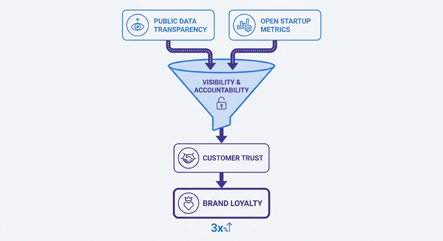 A funnel diagram illustrating how public data transparency and open startup metrics build customer trust and directly increase brand loyalty.