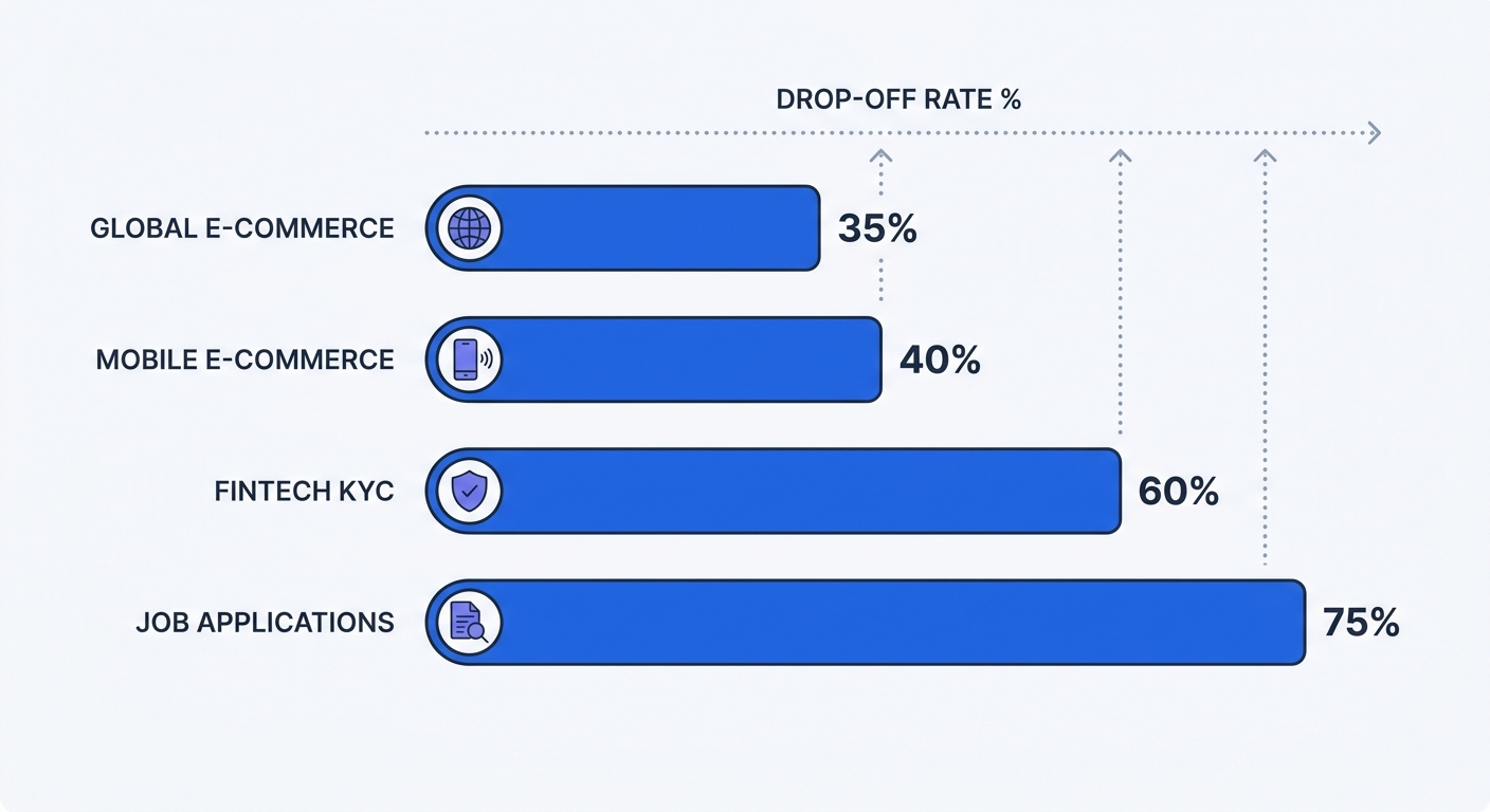 A horizontal bar chart graphic comparing average drop-off rate percentages across different sectors: global e-commerce, mobile e-commerce, fintech KYC, and job applications.