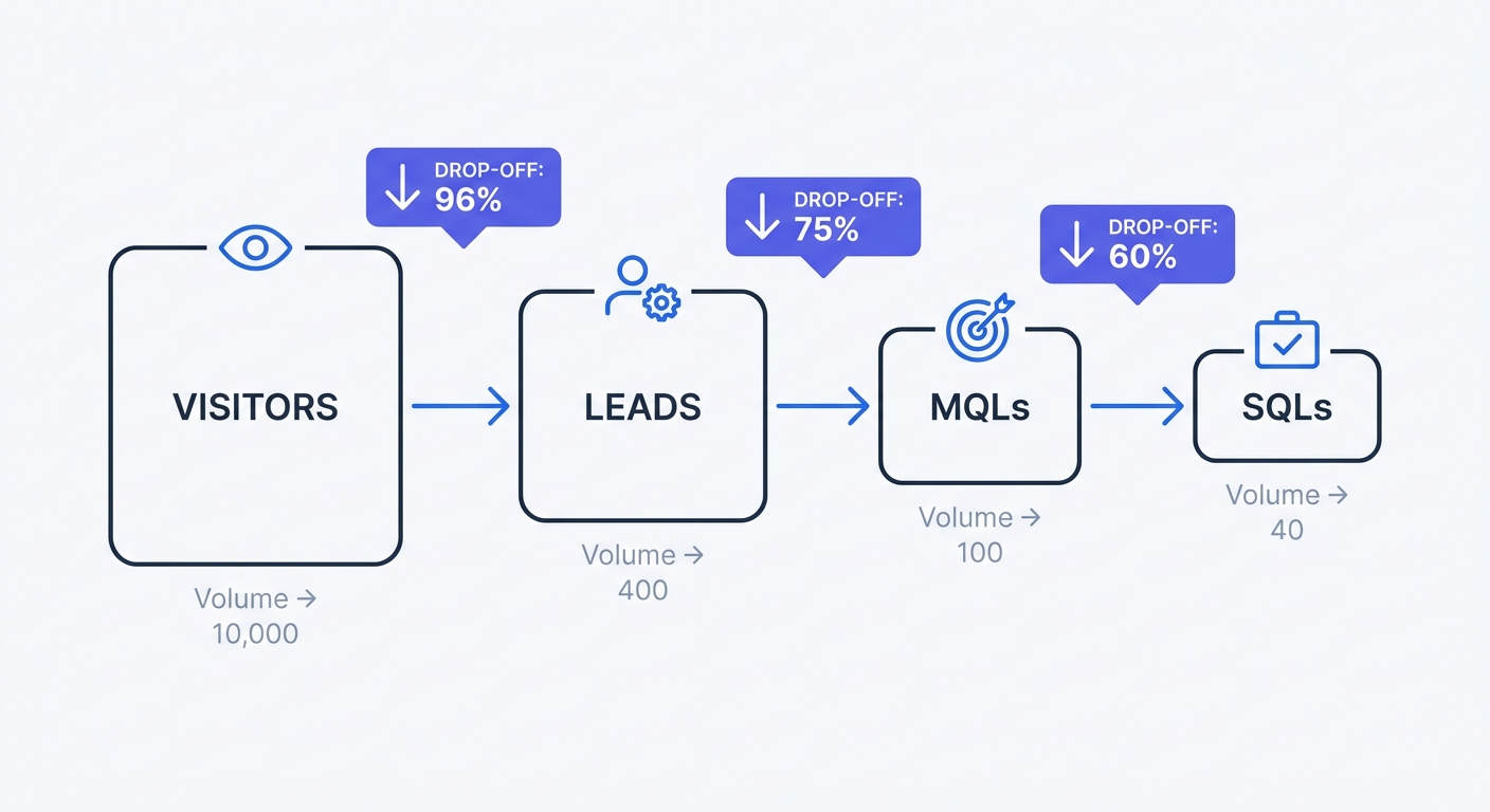 A multi-stage funnel visualization showing B2B pipeline conversion rates, highlighting the specific percentage drop-offs from Visitor to Lead, Lead to MQL, and MQL to SQL.