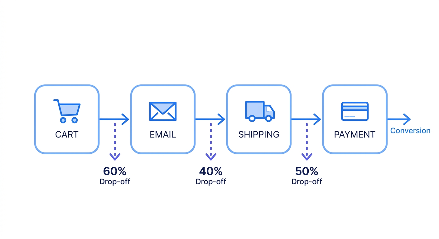 A four-stage funnel visualization with data labels showing a typical micro-funnel flow (Cart -> Email -> Shipping -> Payment), displaying the drop-off percentage at each specific bottleneck.