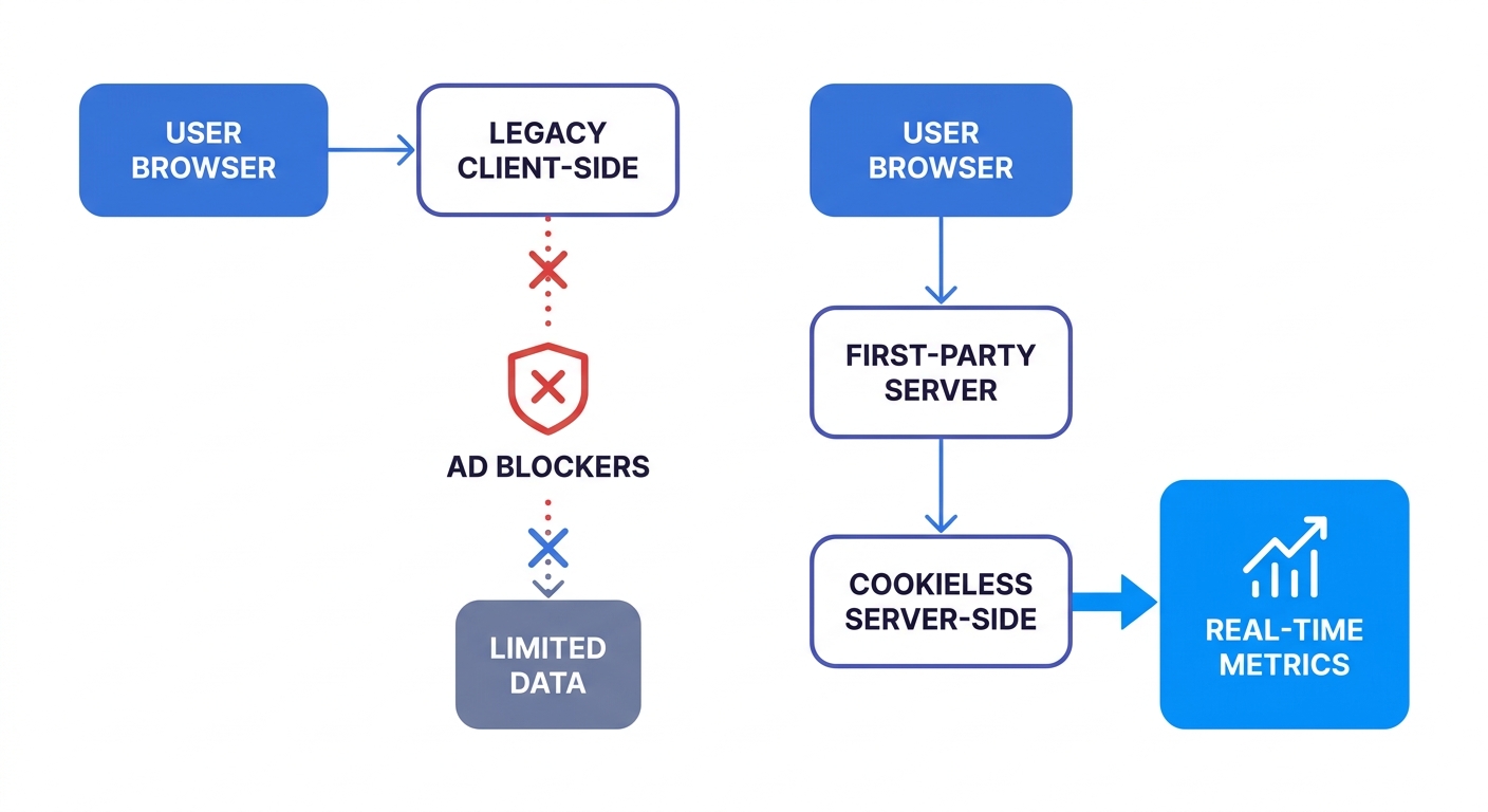 Flowchart showing the data journey of cookieless server-side tracking versus legacy client-side tracking, highlighting where ad blockers drop data.