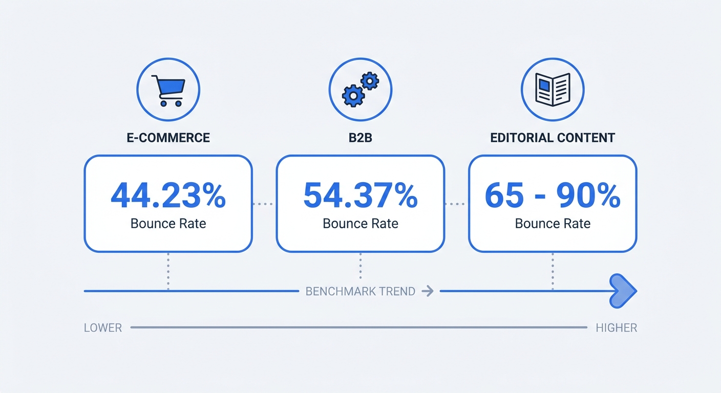 A comparison matrix of bounce rate benchmarks across different content types, showing E-commerce at 44.23 percent, B2B at 54.37 percent, and Editorial content at 65 to 90 percent.