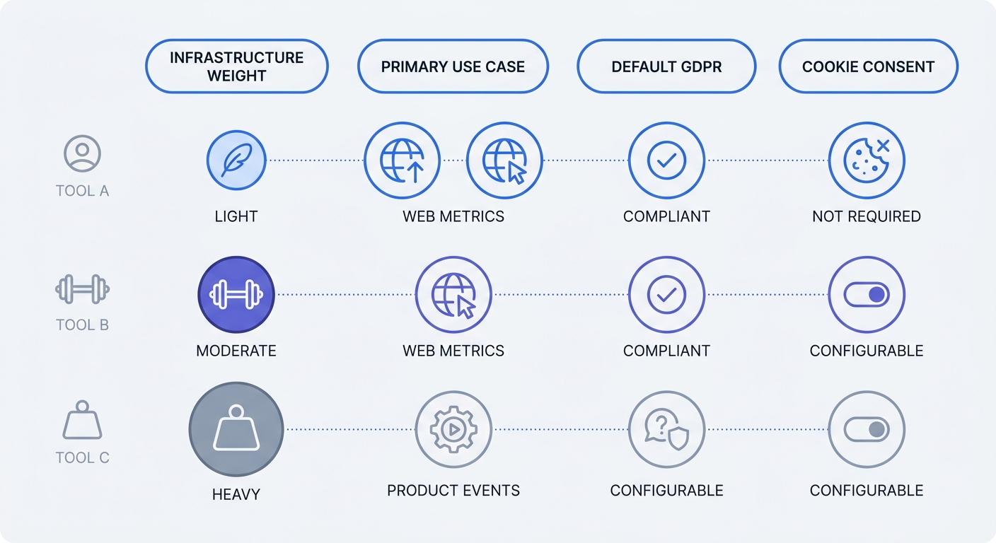 A comparison matrix evaluating three open-source tools (Swetrix, Matomo, PostHog) across four dimensions: infrastructure weight, primary marketing use case (web metrics vs. product events), default GDPR compliance status, and need for cookie consent.