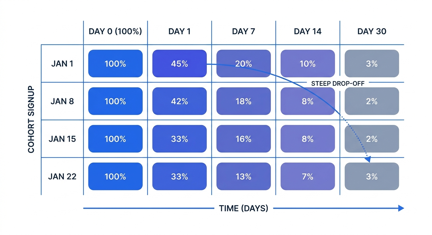 A cohort analysis heat map matrix illustrating user drop-off over a 30-day period, visually emphasizing the steep decline from Day 1 to Day 30 across different signup cohorts.