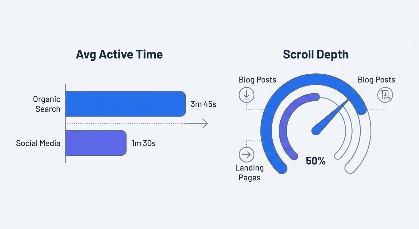 Bar chart comparing average active time on page for blog posts by traffic source (Organic Search vs. Social Media) positioned next to a gauge charting scroll depth benchmarks for blogs versus landing pages.