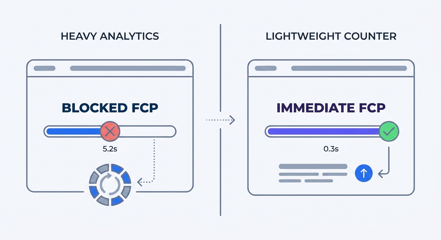 Before and after split diagram demonstrating website rendering performance: one side showing a blocked First Contentful Paint due to heavy analytics scripts, and the other showing immediate rendering using a deferred lightweight counter.