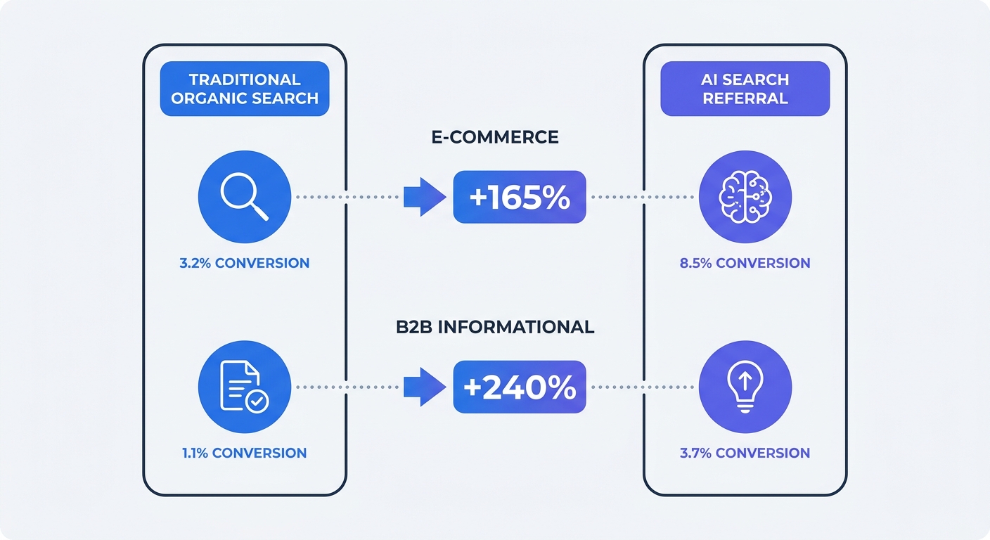 A conversion rate comparison matrix contrasting traditional non-branded organic search traffic against AI search referral traffic, highlighting the percentage increases for both e-commerce and B2B informational queries.