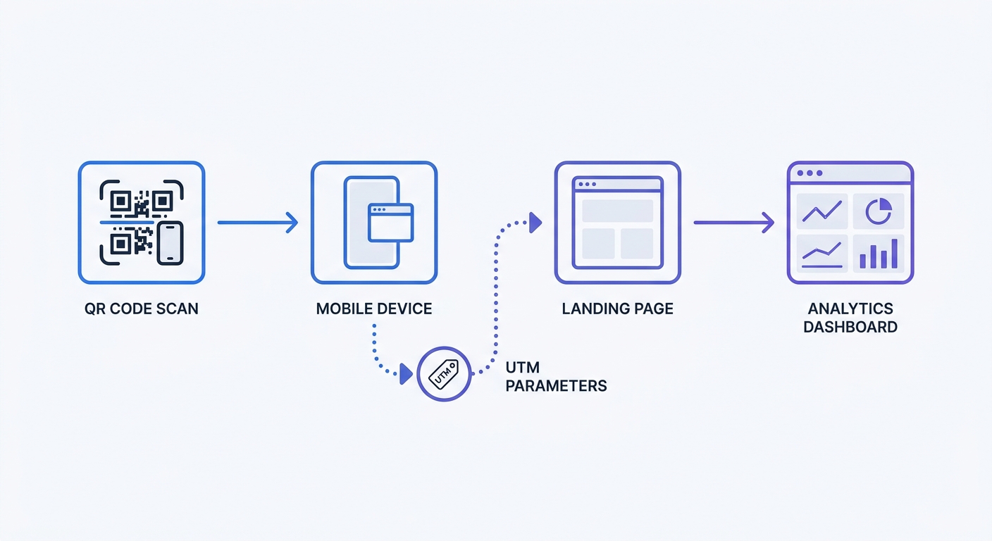 Step-by-step flowchart tracking a user journey from scanning an offline QR code to passing UTM parameters into a web analytics dashboard.
