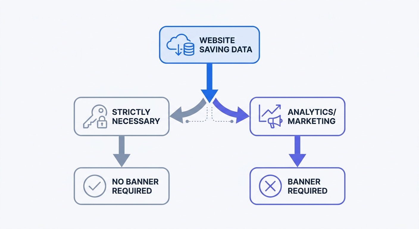 A decision flowchart starting with a website saving data, splitting into 'Strictly Necessary' leading to 'No Banner Required', and 'Analytics/Marketing' leading to 'Banner Required'.